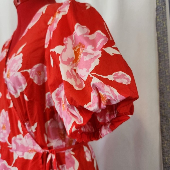 OLD NAVY Red Floral Wrap Blouse Puffy Sleeves Size L - Picture 3 of 6